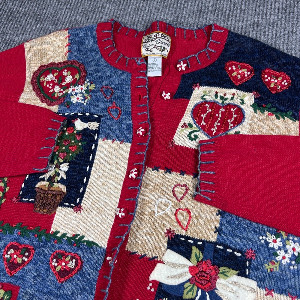 Vintage Heirloom Collectibles Sweater Women's L Heart Patchwork Cardigan Granny